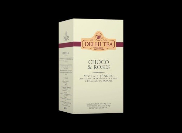 TÉ negro con cacao, coco CHOCO Y ROSES sabor chocolate x 20 saquitos DELHI TEA