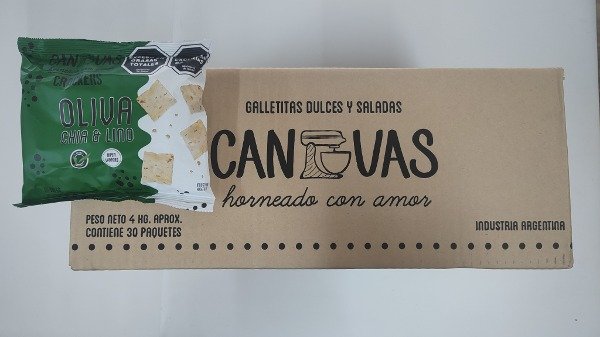 CAJA CERRADA x 30 uni crackers de OLIVA,CHIA Y LINO x 150g CANVAS