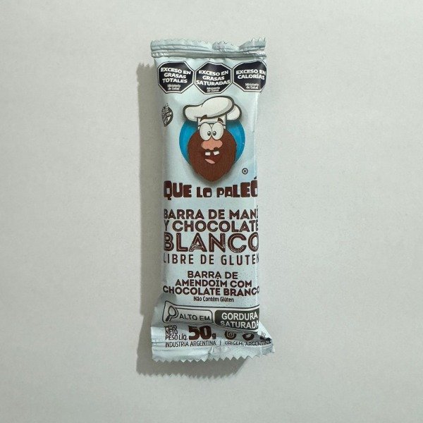 Barra de CHOCOLATE BLANCO y PASTA DE MANI SIN TACC x 12 uni x 50 gr QUE LO PALEO