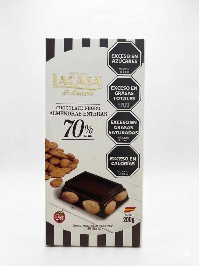 TABLETA chocolate negro ALMENDRAS ENTERAS 70% cacao x 200g LACASA
