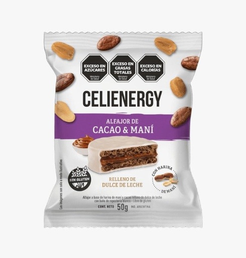 Alfajores de CACAO y MANÍ relleno de dulce de leche SIN TACC x 12 UNI CELIENERGY